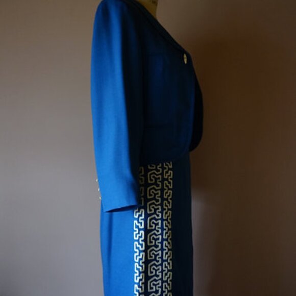 Vintage 1960s Blue Embroidered Wool Skirt Suit - Small - Picture 2 of 9